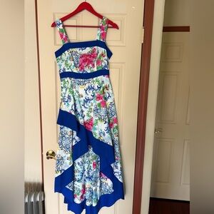 Boston Proper Floral High Low Dress in Blue and White